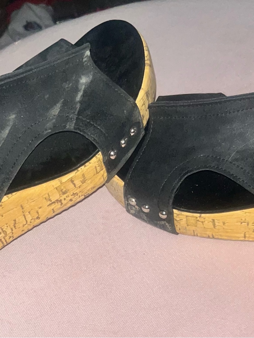 Black Suede Cork Platform Slide Sandals - Women's